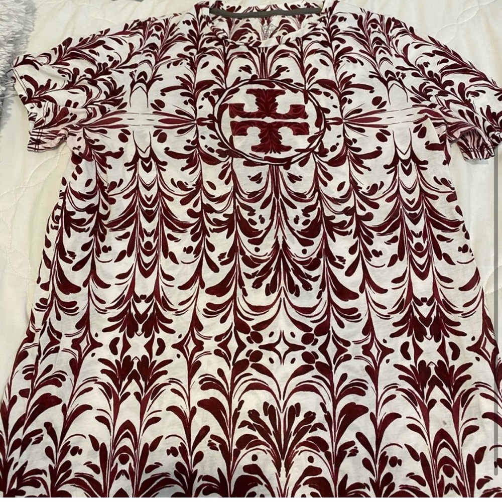 Tory Burch Burgundy White Cotton Tee Wine Maroon Logo Shirt